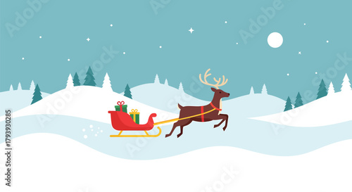 Santas Sleigh Ride - Reindeer Pulling Sleigh Through Snowy Winter Landscape.