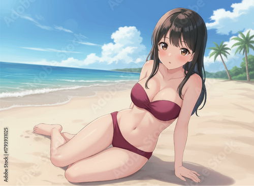 ワインレッドのビキニでポーズをとる女性-Adobe Illustrator Artwork