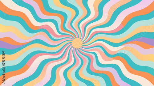 Vibrant, colorful sunburst background with wavy, psychedelic, 1970s retro style. Groovy, trippy pattern for fun, playful graphic design, posters, textiles, and party themes.