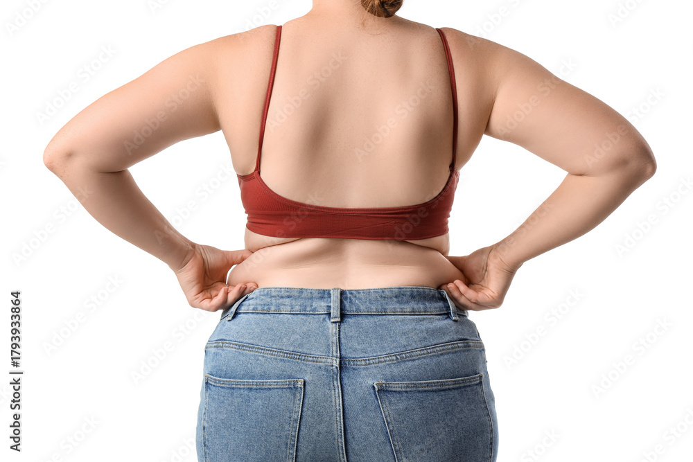 Fototapeta premium Overweight woman on white background, back view