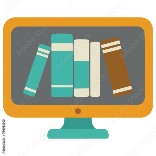 Digital monitor showing stacked colorful literature for internet learning isolated vector illustration on white background