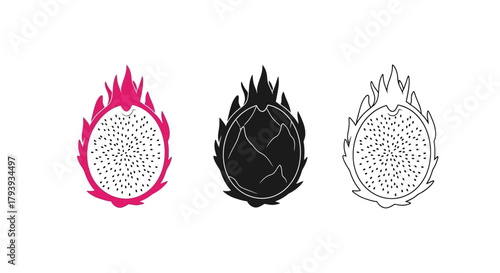 Minimalist illustration of three sets of dragon fruit silhouettes, Symbolizing tropical minimalist, flat vector design.