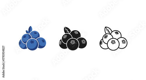 Minimalist illustration of three sets of blueberry silhouettes, Symbolizing tiny minimal fruit, flat vector design.