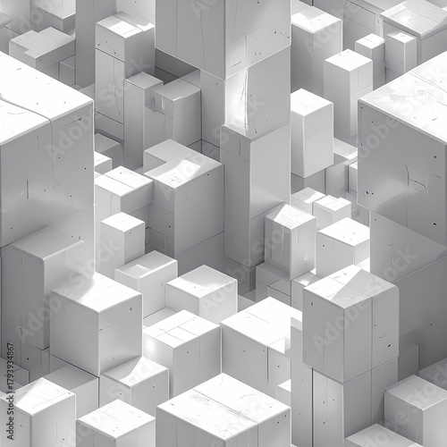 Abstract geometric cityscape white cubes and blocks on transparent background