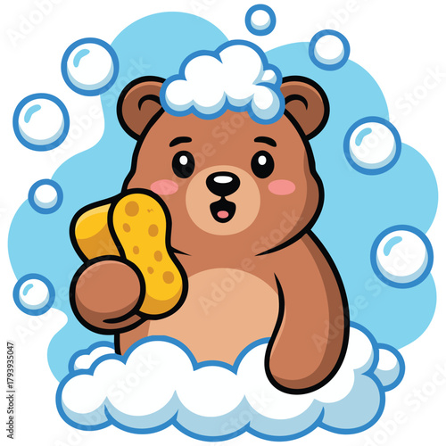 Lovable bear taking bath with suds isolated vector illustration on white background