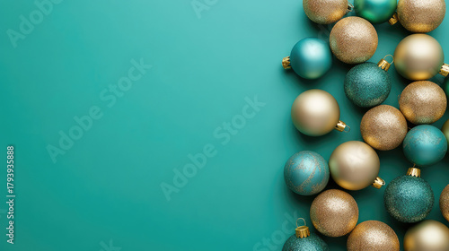 Teal and gold ornaments scattered on a green background with empty space around them, ornaments, festive, teal
