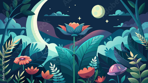 Enchanting night garden illustration with vibrant flowers, lush foliage, moon, and stars. A serene, magical, and dreamlike flat design in deep blues and greens perfect for nature and fantasy themes.