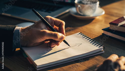 Wallpaper Mural Hand drawing bold arrow on spiral notebook in warm sunlight, symbolizing business planning, direction, and motivation, with coffee cup and laptop on wooden desk for creative workspace Torontodigital.ca