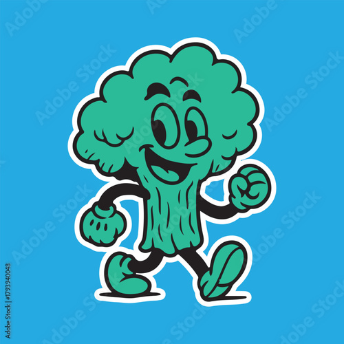 Cheerful broccoli character strutting with playful confidence on a vibrant blue background, perfect for healthy eating campaigns and fun food promotions