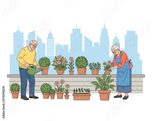 Elderly couple tending to their rooftop garden with city view
