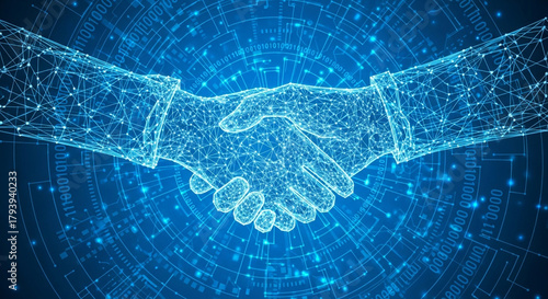 Wallpaper Mural Dynamic digital handshake symbolizing global partnership and technological collaboration in a futuristic network environment Torontodigital.ca