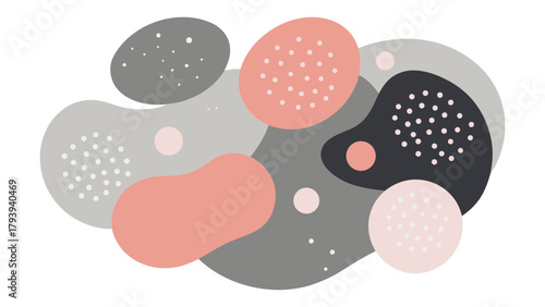 Abstract organic blob shapes in soft grayscale (gray, dark gray) and blush pink tones, accented with simple dot textures. A modern, creative, and feminine design background or element.