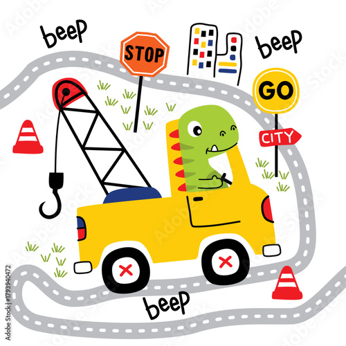 Cartoon dinosaur driving yellow tow truck with crane hook on road surrounded by city traffic signs and cones playful children design. Kids concept