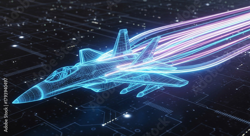Futuristic fighter jet wireframe in motion, glowing with digital speed and advanced technology on a circuit board background