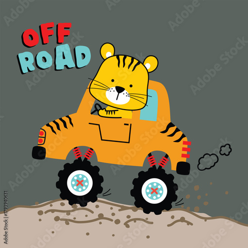 Cartoon tiger driving orange off road truck with big wheels on dirt ground playful children design. Kids concept