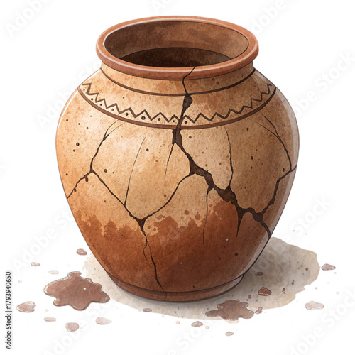 Ancient cracked terracotta pot with intricate tribal patterns, evocative of history and archaeological discovery