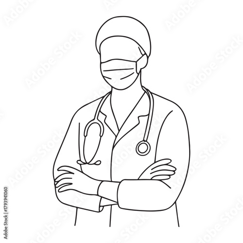 Dedicated healthcare worker standing with arms crossed, wearing mask and stethoscope offering reassurance and professional medical expertise in a simple line art