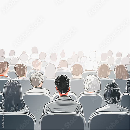 Illustration of a diverse group of people sitting in rows of chairs facing forward in a Spanish business meeting with a minimalist, monochromatic style and a calm mood.
