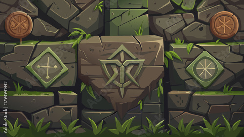 Cartoon seamless stone wall pattern with ancient mystical symbols, covered in moss and grass. A game asset for dungeon, temple, puzzle, or fantasy adventure level backgrounds.