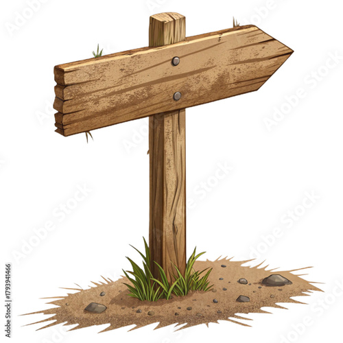 Rustic wooden directional signpost pointing right guiding travelers on a dusty path towards adventure and discovery