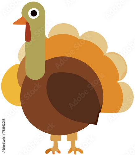 A charming flat design illustration of a colorful Thanksgiving turkey with large tail feathers, isolated on a white background for holiday-themed projects