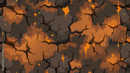 Seamless, cracked scorched earth texture pattern with lava-like orange liquid bubbling beneath the surface. A dangerous, fiery background for game assets, hell, or volcano level design.