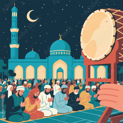 Muslim People Pray at Night in the Mosque Illustrator Artwork Banner Background Design Template 