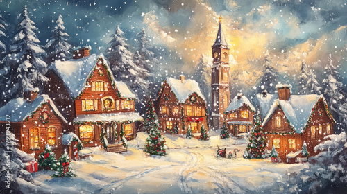 Wallpaper Mural acryllic painting of christmas village Torontodigital.ca