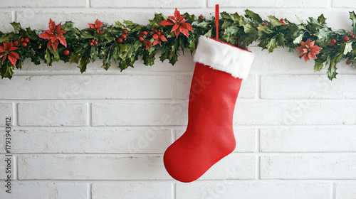 Snowy scene of a red Christmas stocking hanging on a white brick wall decorated with garlands, wall, garland
