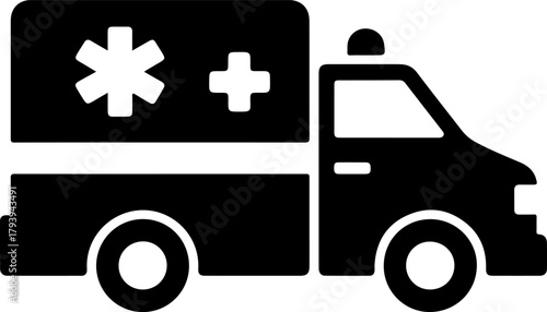 Black silhouette of an ambulance with medical symbols on a gray background