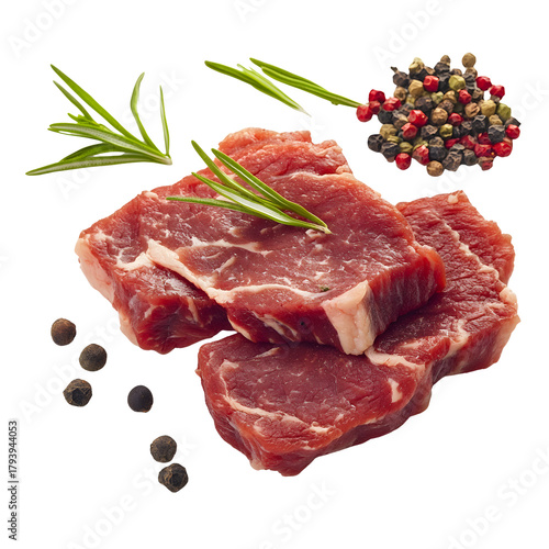 Mixed raw red meat selection beef, pork, lamb with spices and herbs transparent PNG