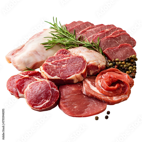 Raw steak and sausage assortment with rosemary and peppercorns  high quality transparent PNG