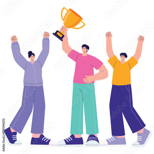 Happy Competition Illustration. Vector illustration of Three friends cheer as a teammate lifts a golden trophy, celebrating a shared success. Isolated on background