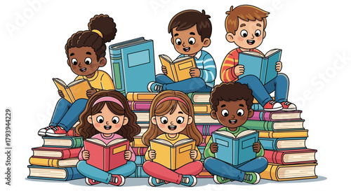 Happy diverse children sitting on stacks of books and reading together.
