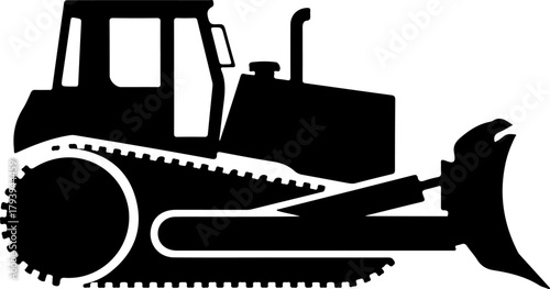 Black silhouette of a heavy duty bulldozer on a light gray background