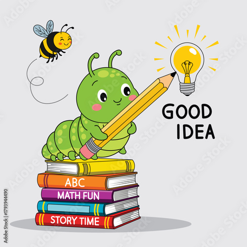 Cute green caterpillar holding pencil sitting on stacked books with glowing light bulb and bee for kids learning illustration. Education concept
