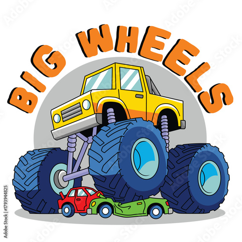 Cartoon yellow monster truck with giant wheels crushing small cars in colorful kids illustration. Vehicle concept