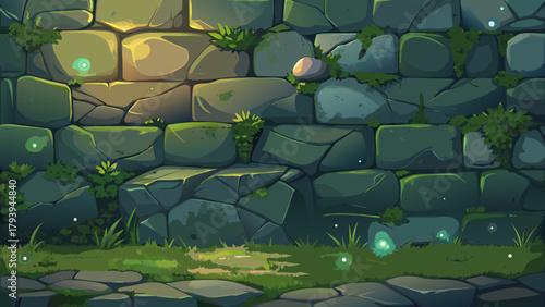 Cartoon game background of an ancient mossy stone wall and cobblestone ground, featuring soft glowing lights and creeping vines. A side-scrolling asset for jungle, dungeon, or fantasy levels.