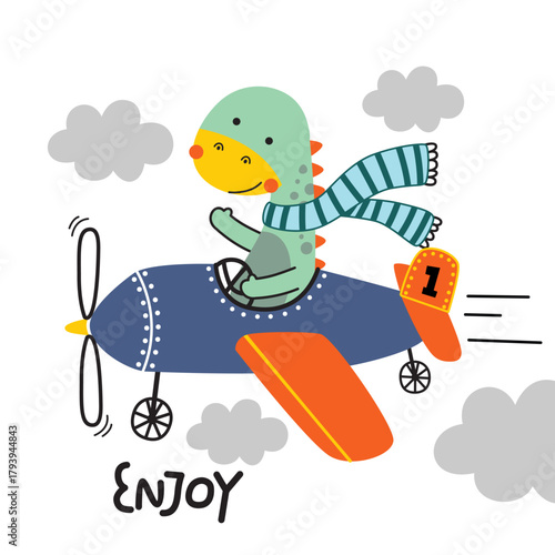 Green dinosaur cartoon flying airplane with blue scarf in cloudy sky for cute children t shirt design. Adventure concept
