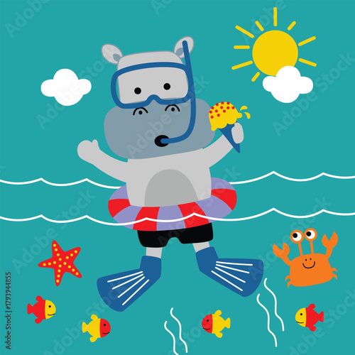 Funny hippo snorkeling with fishes and crab under the sea in summer kids cartoon illustration. Marine life concept