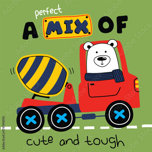 White polar bear cartoon driving red cement mixer truck with playful expression for kids poster design. Transportation concept