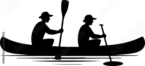 Silhouettes of two people paddling a canoe on a calm body of water