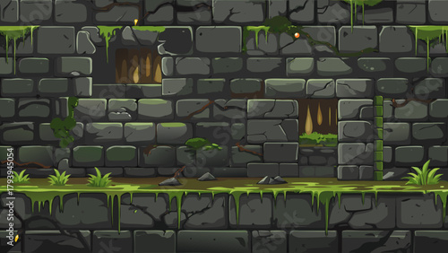 Seamless cartoon stone wall background featuring dark, moss-covered bricks and broken sections with sharp teeth visible. A side-scrolling game asset for dungeon, cave, or swamp levels.
