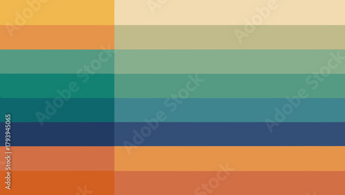 A simple, abstract background divided into horizontal color blocks with a vertical centerline, featuring warm orange, deep blue, and cool teal tones. A modern, minimal color palette concept.