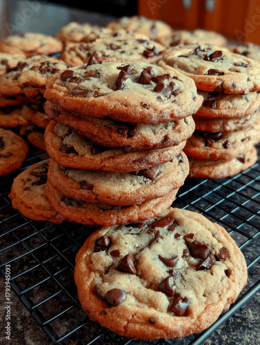 Chocolate chip cookies are neatly stacked on a cooling rack, showcasing their golden edges and gooey chocolate pieces. Sweet scents fill the cozy kitchen, creating a warm atmosphere.