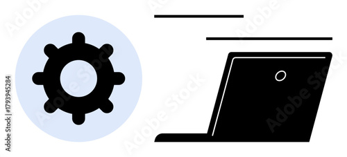 Gear representing system operations paired with a laptop for digital processes. Ideal for automation, technology, productivity, efficiency, innovation, workflow, and business. Minimalist flat