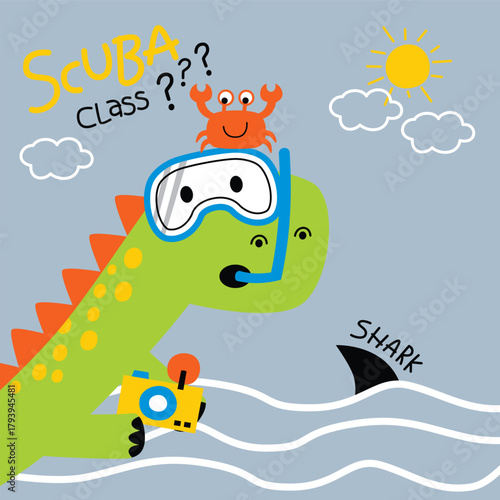 Cute dinosaur scuba diving with crab and shark illustration