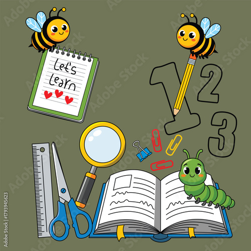 Cute learning education illustration with bee caterpillar and school supplies