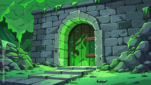 Cartoon illustration of a mysterious stone wall with an arched wooden door, glowing bright green with radioactive slime, leading into a spooky, toxic dungeon or forgotten kingdom.