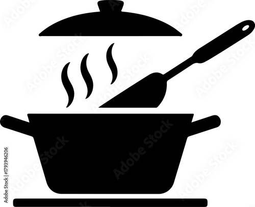 Black silhouette of a cooking pot with steam and a spatula